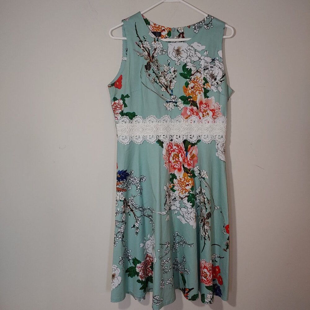 HOMEYEE  A-Line Lace Embroidery Sleeveless Floral Light Green Midi Dress Sz 8/L